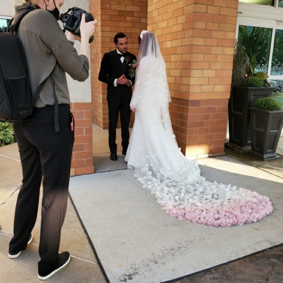 Custom cathedral veil with blush ombre 3D petals main image 9